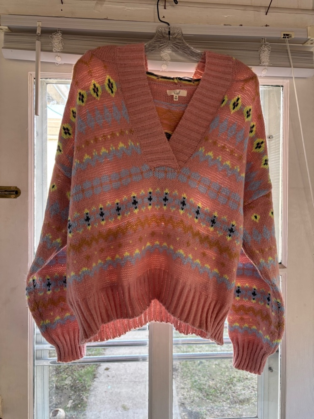 easel Pink V-Neck Fair Isle Pattern Sweater